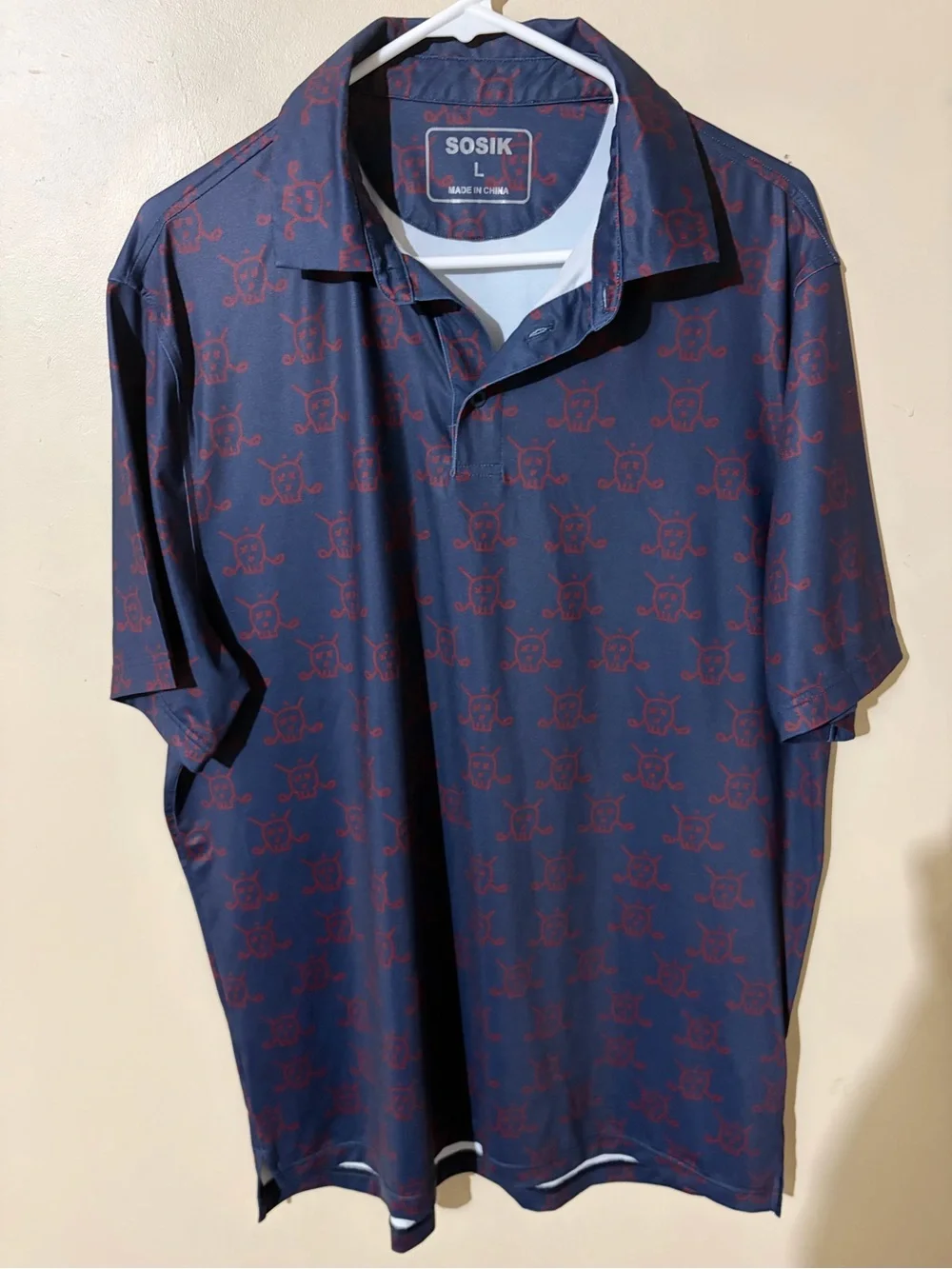 SOSIK Men's Navy Polo with Red Skulls All-Over Print L